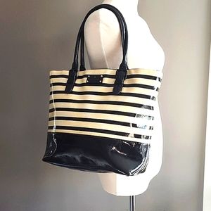KATE SPADE Elena Carlisle Street Patent Leather Black Cream Striped Tote Bag